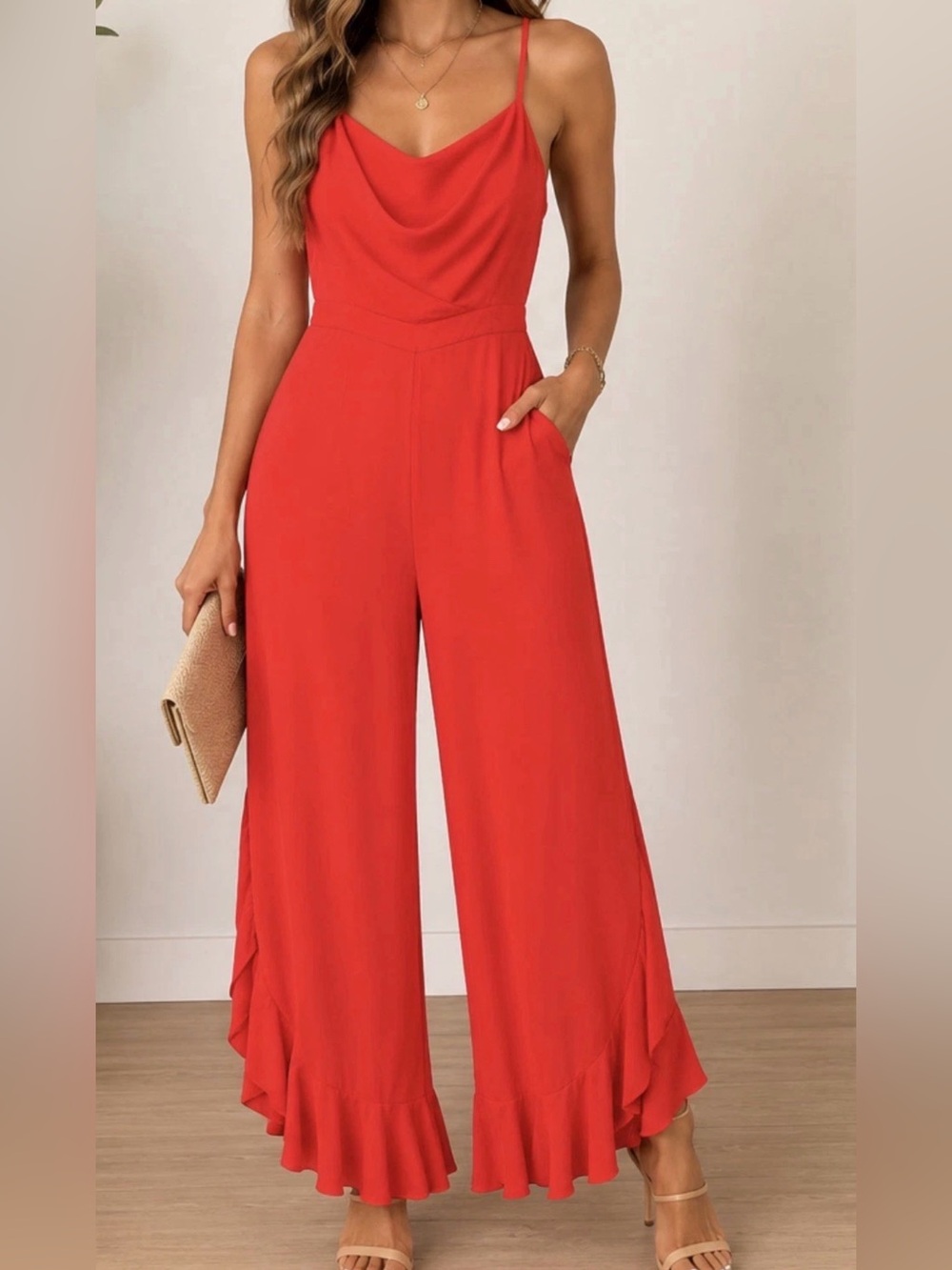 Davi & Dani Red Wide Leg Jumpsuit Ruffle Hem Size Medium